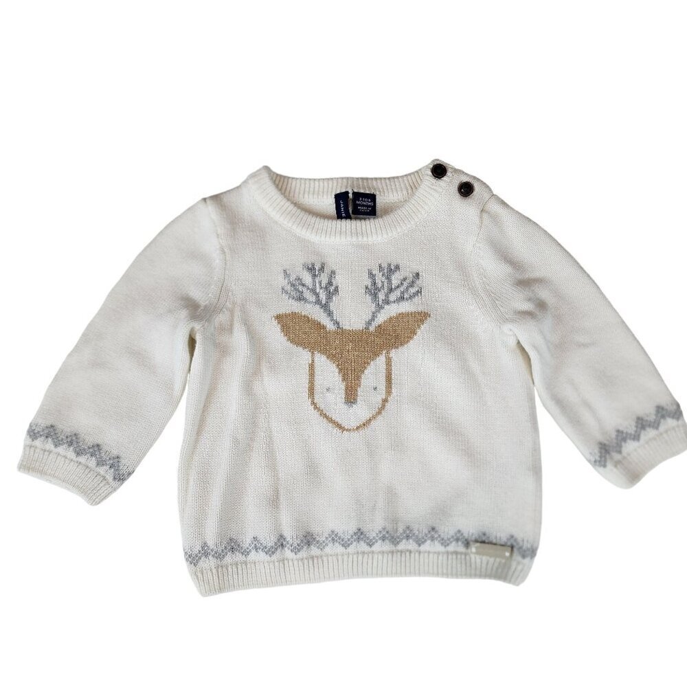 Janie And Jack Baby Boy Sweater 3-6 Months White Deer Design Button Shoulder